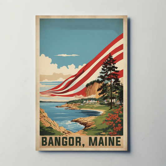 Bangor Maine Coastal Cliffside Vintage Travel Poster
