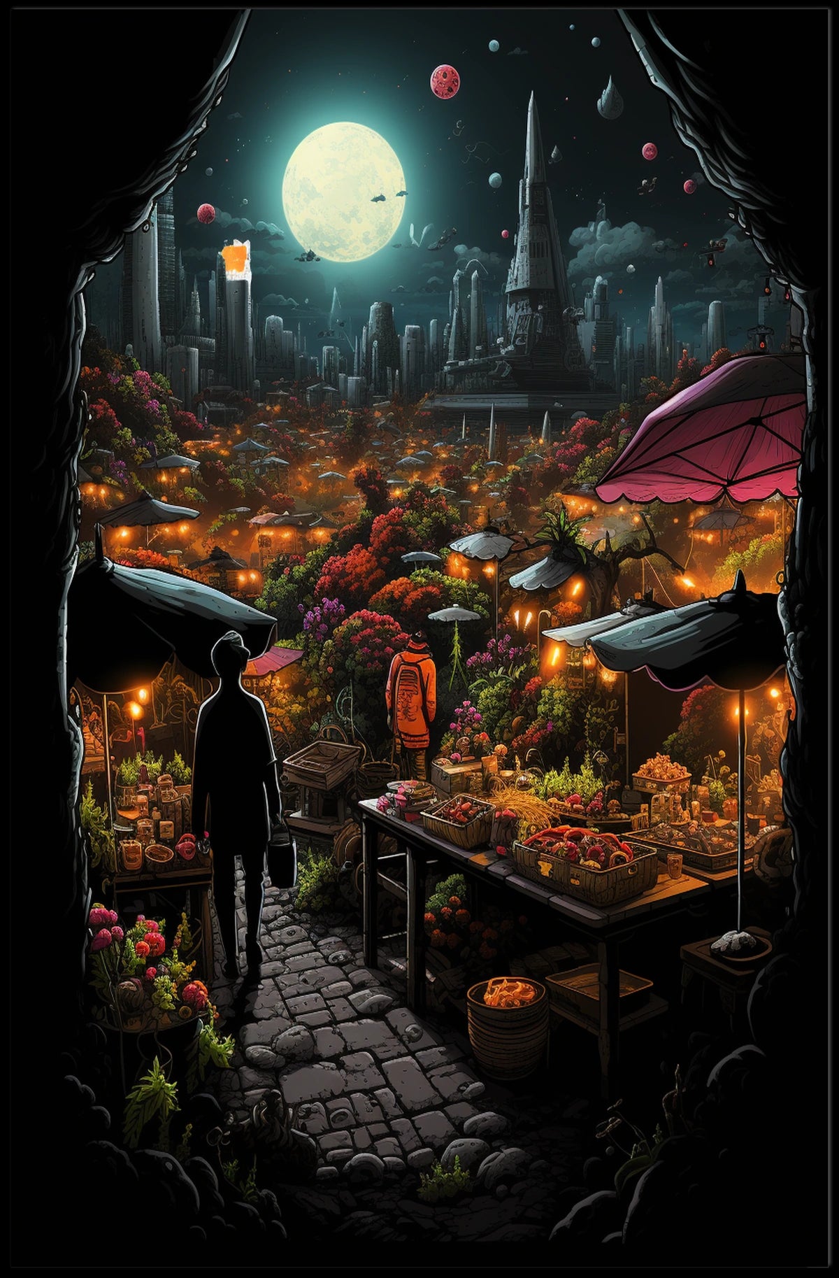 Moonlit Market In A Futuristic City Poster