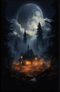 Moonlit Cabin In The Woods Poster