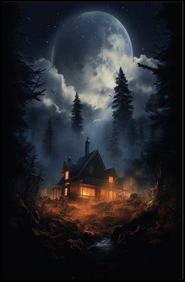 Moonlit Cabin In The Woods Poster