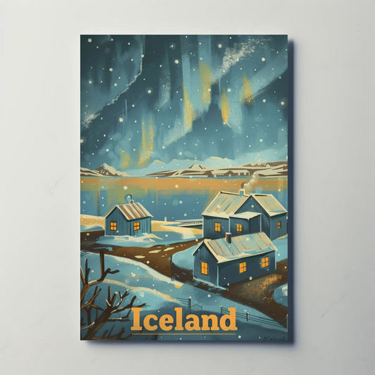 Iceland Vintage Travel Poster - Winter Night Village