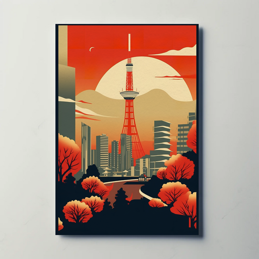 Tokyo Tower Red Sunset Modern Japan Vintage Travel Poster