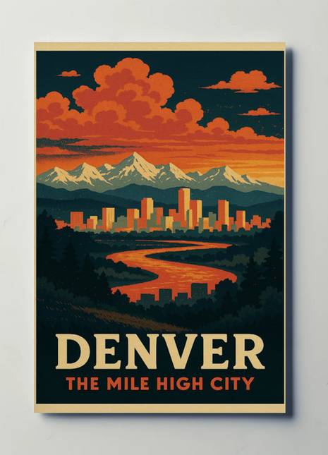 Denver Colorado Sunset Skyline Mountains Travel Poster