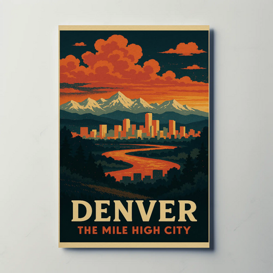 Denver Colorado Sunset Skyline Mountains Travel Poster