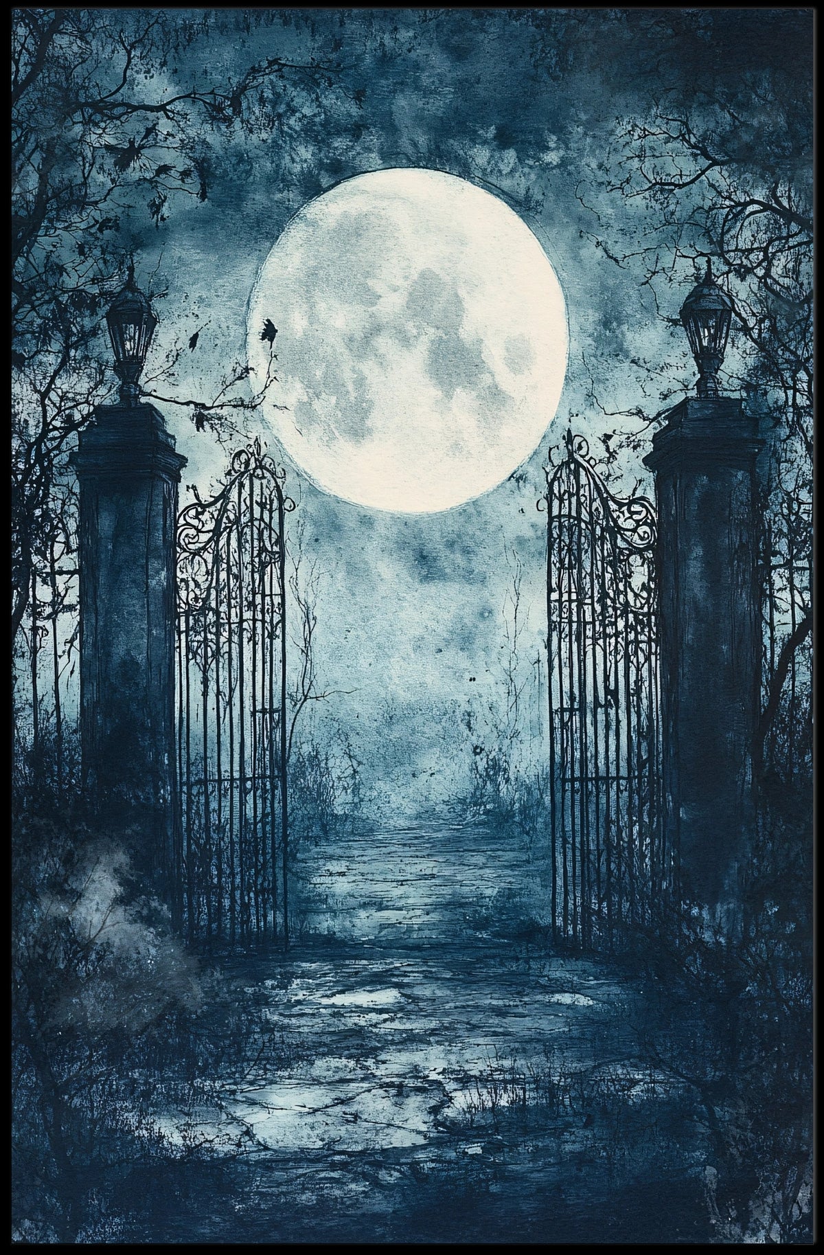 Mysterious Moonlit Gate Scene Artistic Poster