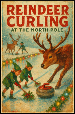 Reindeer Curling at the North Pole Poster