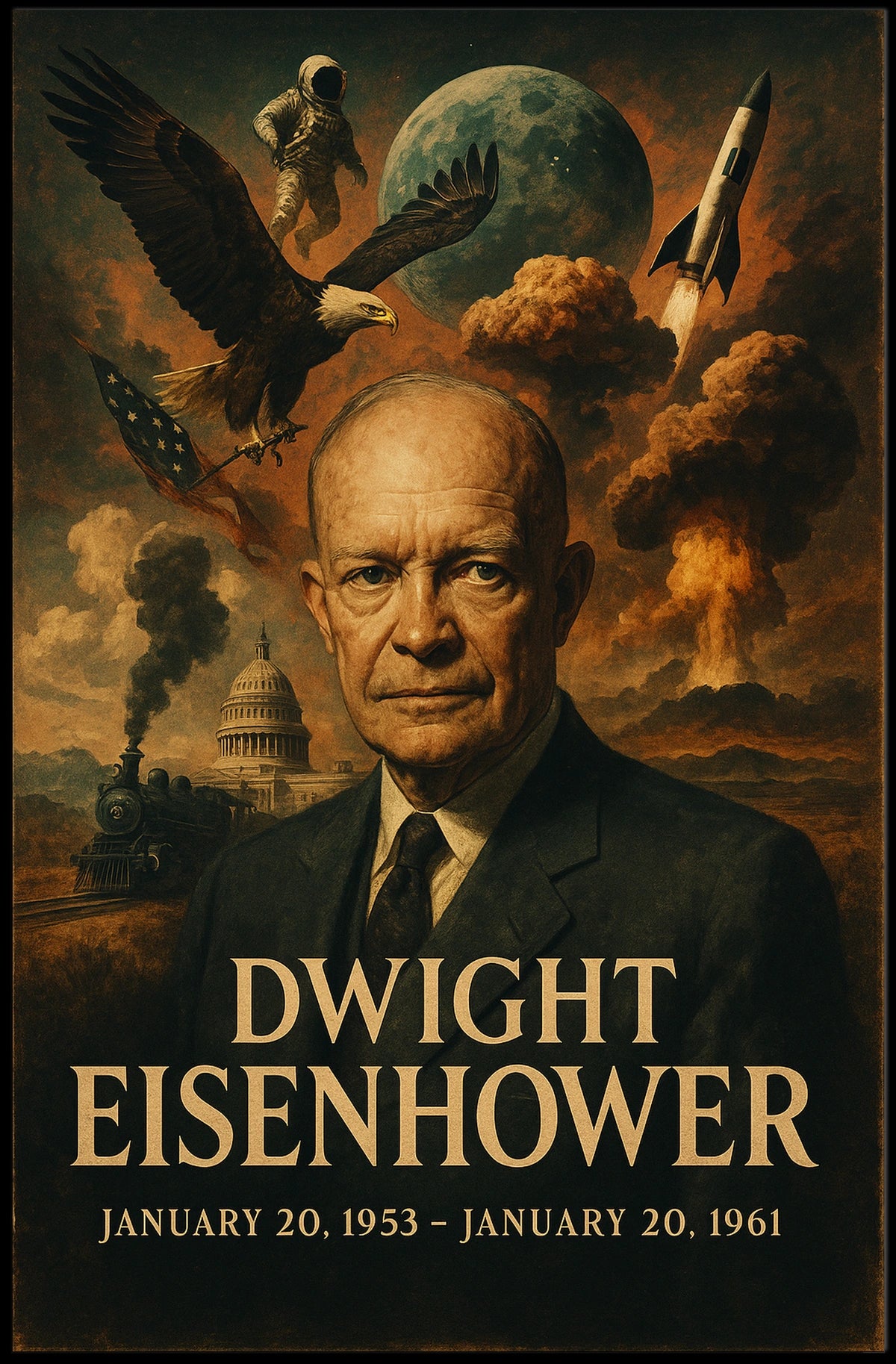 Dwight Eisenhower Presidential Era 1950s America Patriotic Realism Art Deco Poster