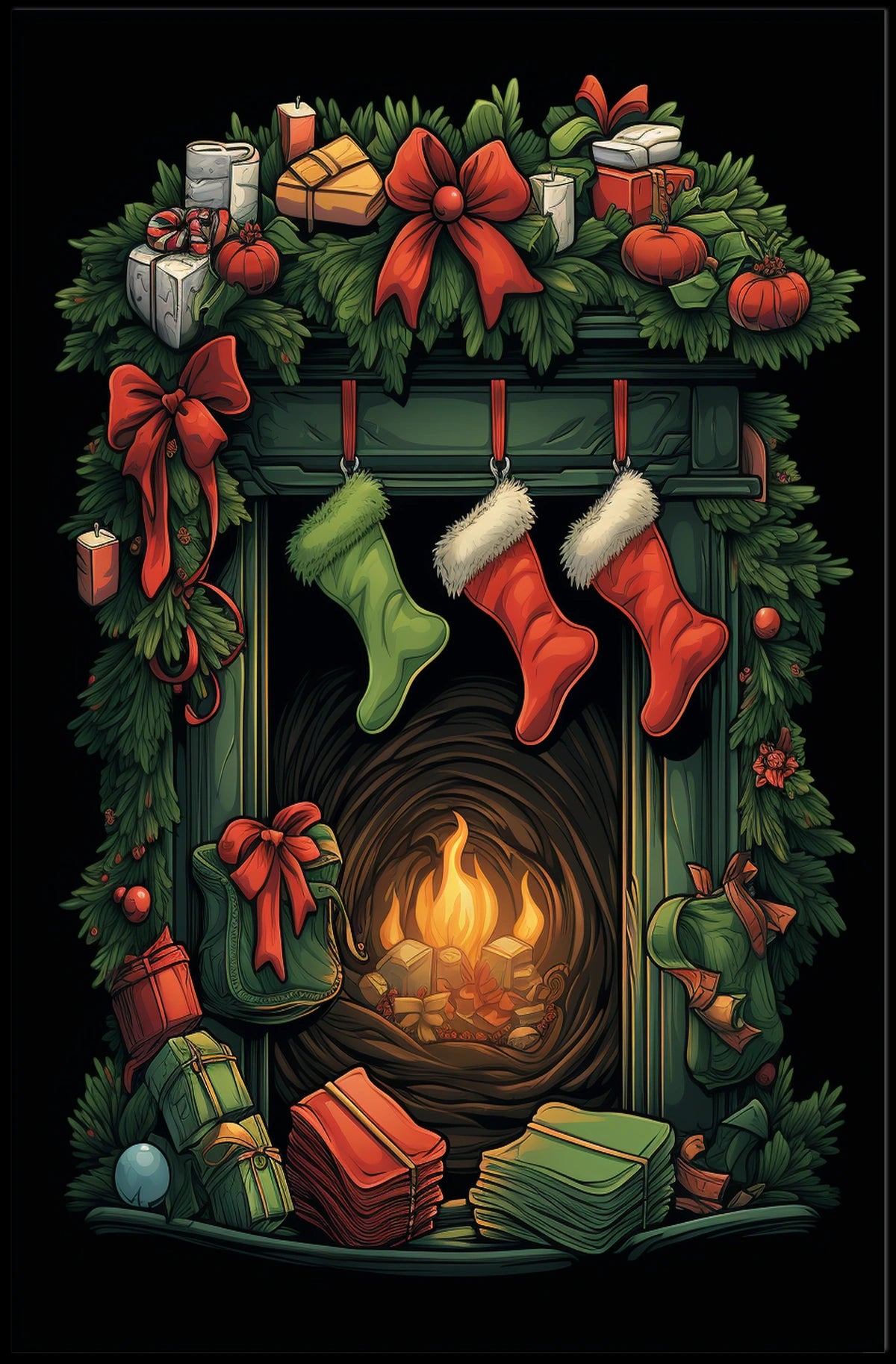 Festive Fireplace Holiday Scene Poster