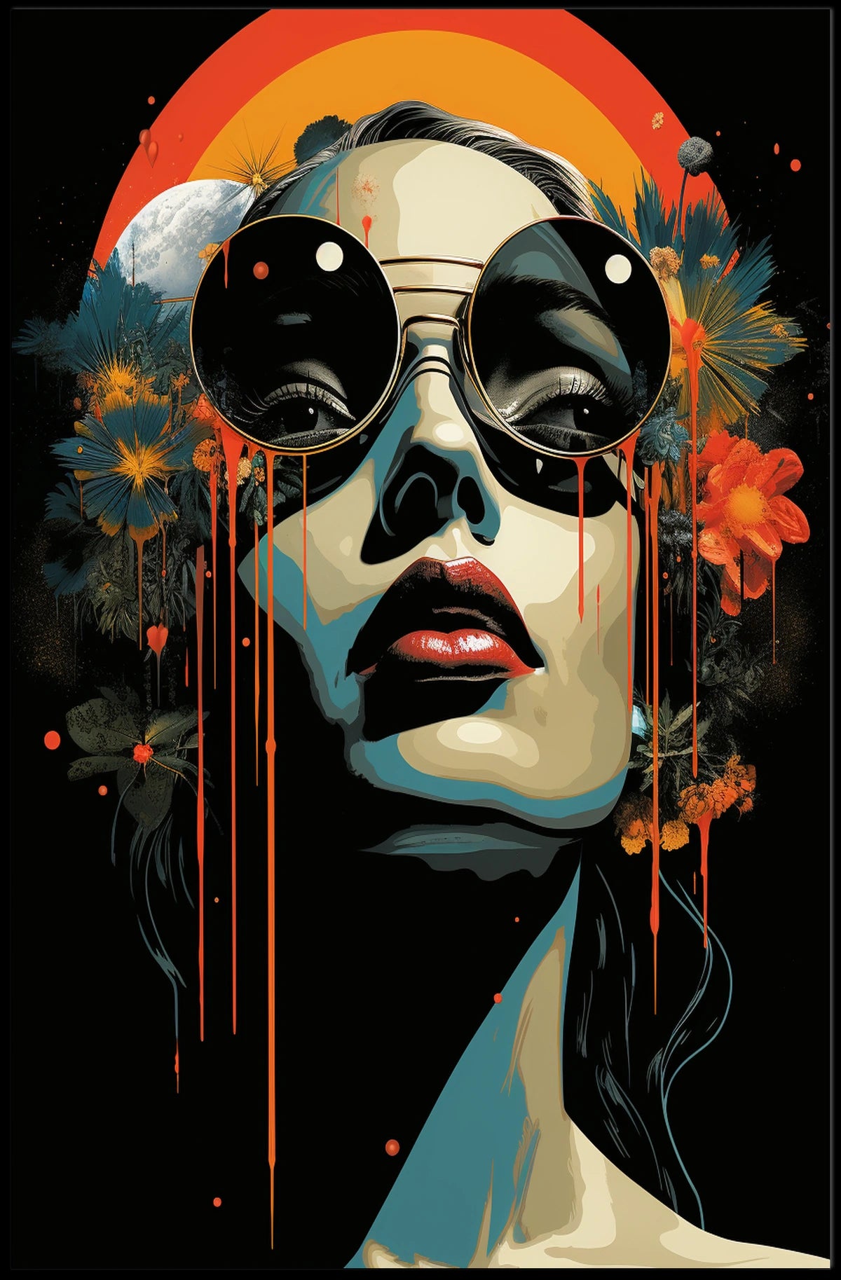 Stylized Portrait with Abstract Floral Elements Artistic Poster