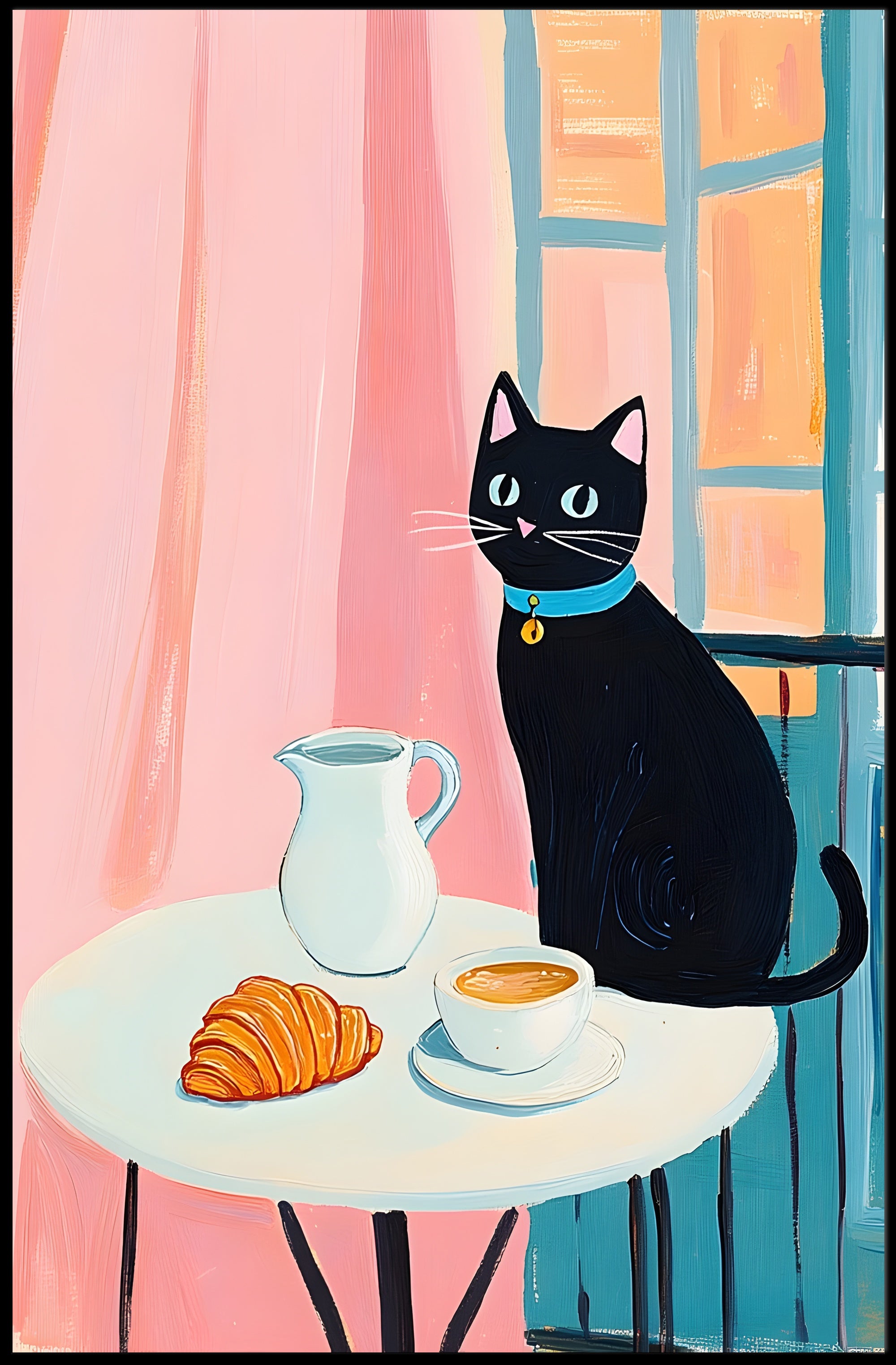 Morning Cat Cafe Poster Vintage Travel Wall Art Print
