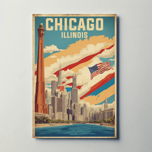 Chicago Illinois Skyline American Flag Cityscape Vintage Travel Poster
