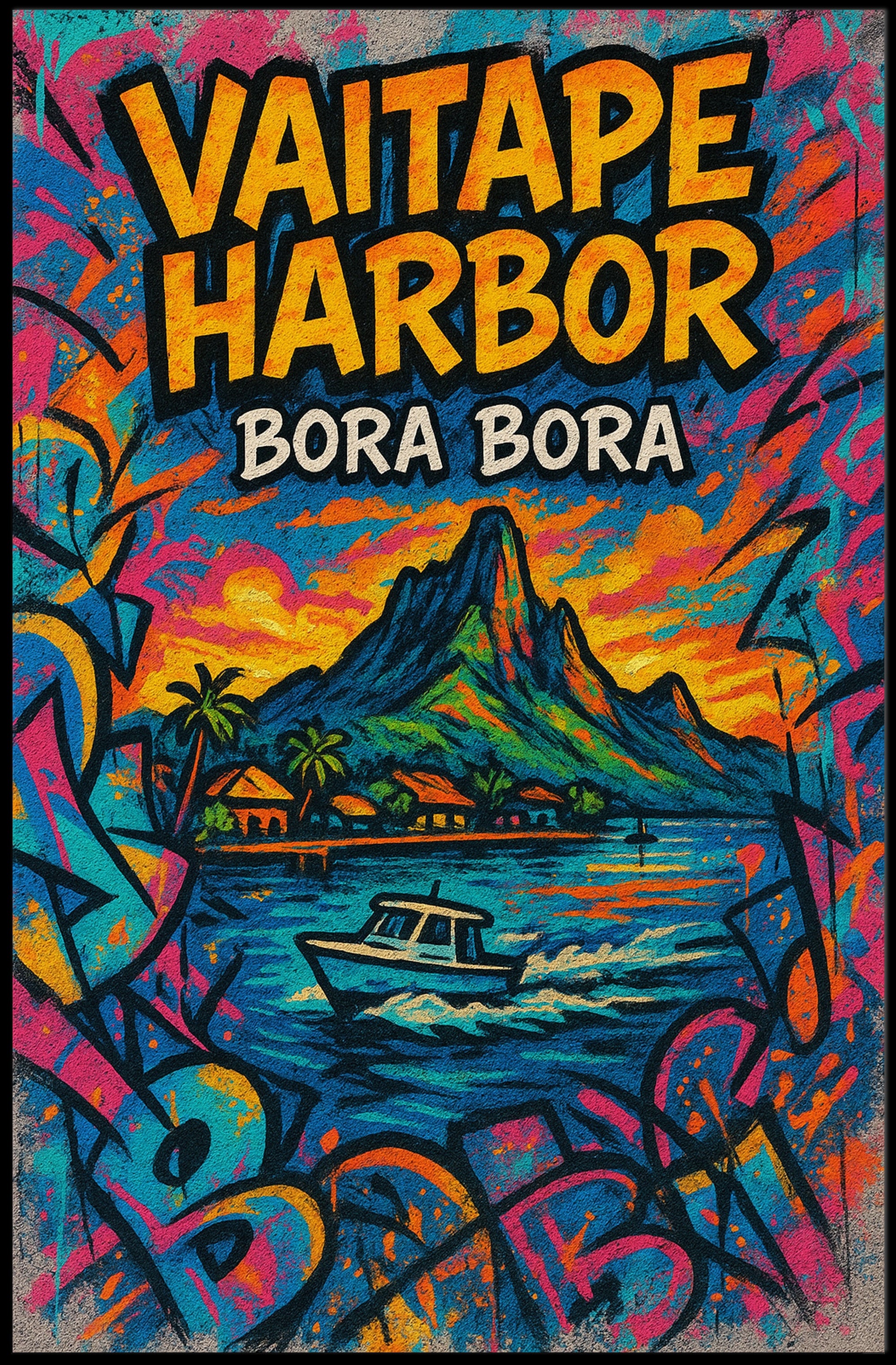 Vaitape Harbor Poster Bora Bora Colorful Travel Art