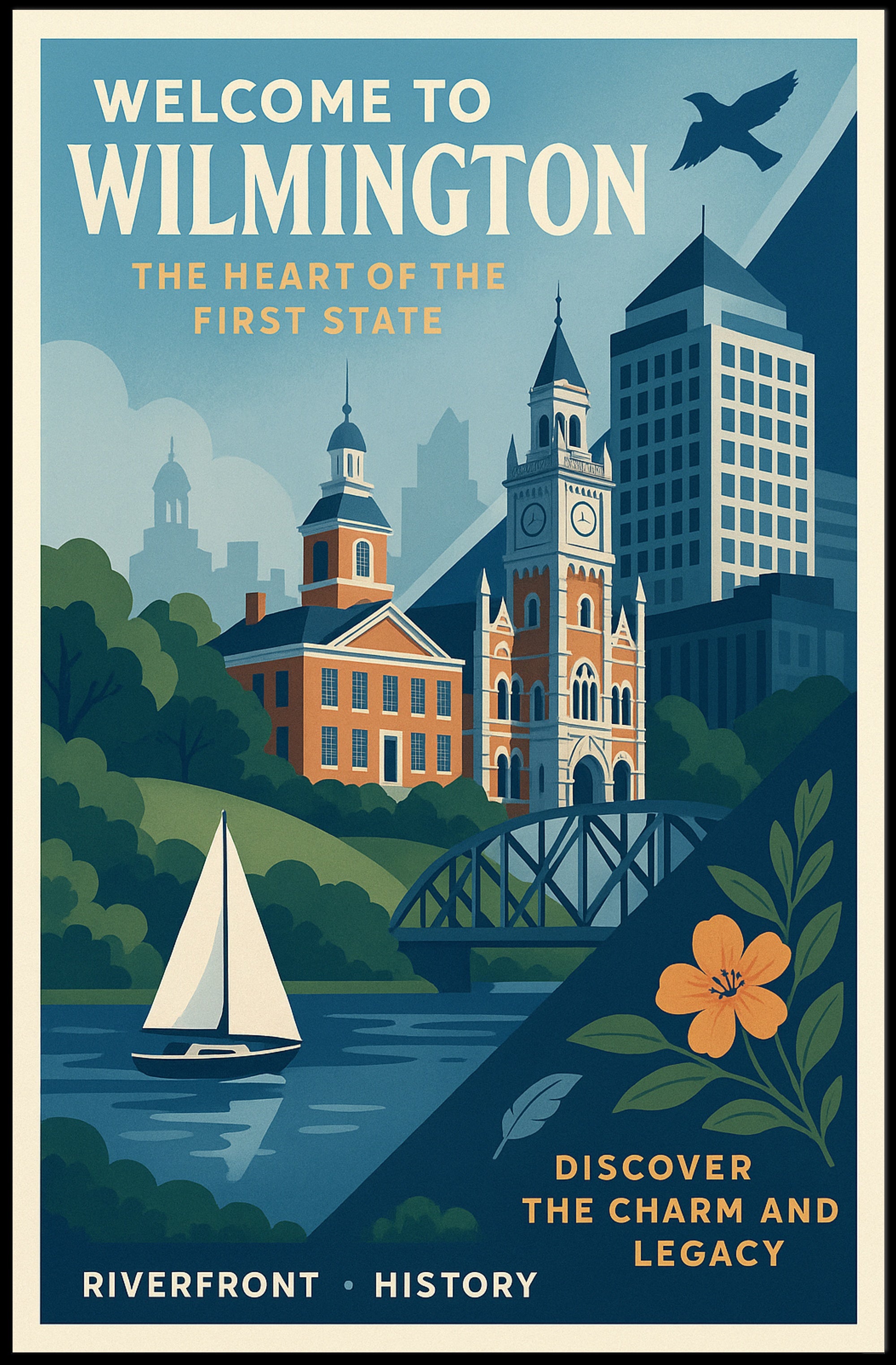 Wilmington Riverfront Charm in Vintage Urban Cityscape Poster PosterGoat