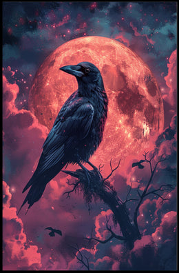 Mystical Raven Under Blood Moon Art Print Poster PosterGoat