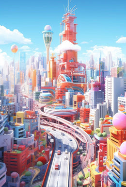 Vibrant Cityscape Design in Futuristic Sci-Fi Poster