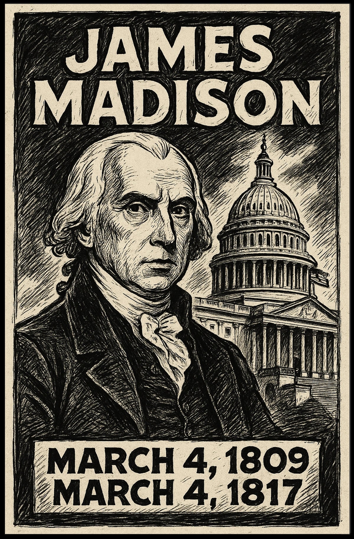 James Madison 4th President of the United States B & W Comic Sketch Poster
