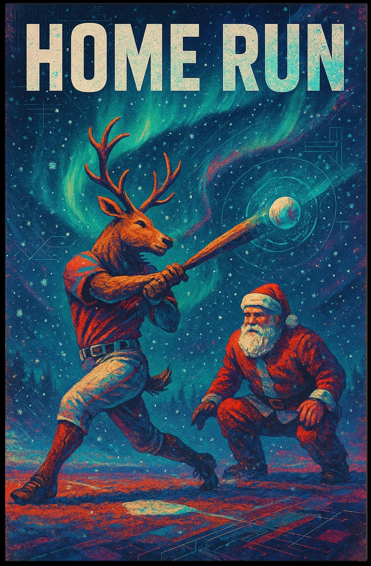 Festive Reindeer Baseball Scene Poster - Fantasy or Mythology Poster