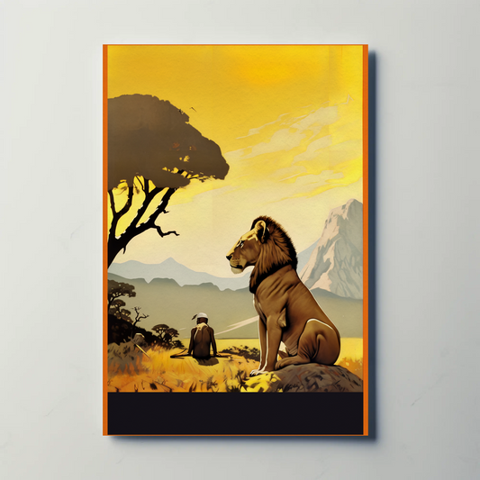 Lion and African Warrior Mountain Travel Poster