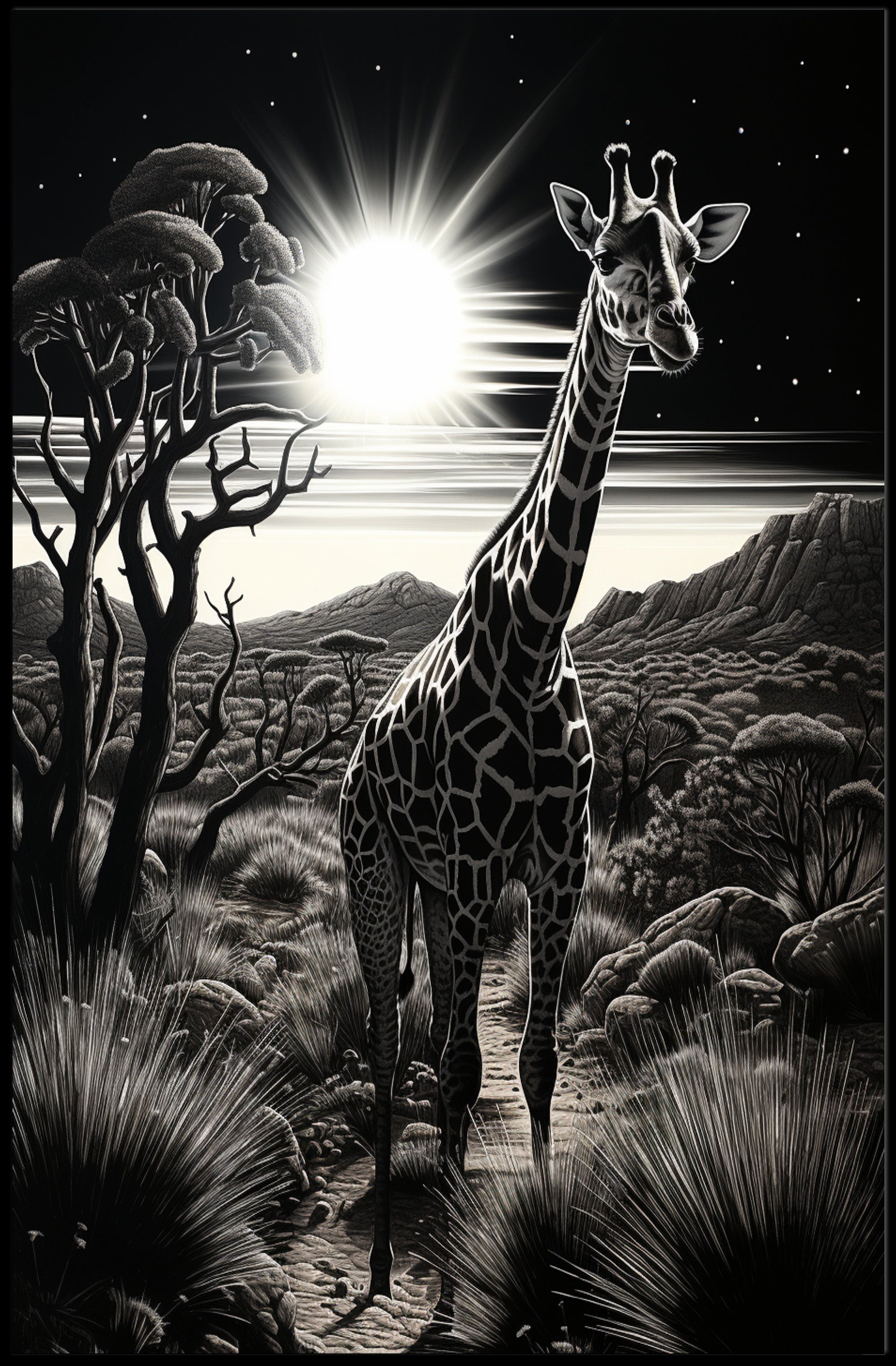Moonlit Giraffe In The Savanna Poster