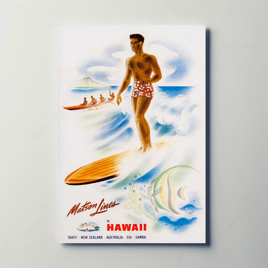 Hawaii Surfer Matson Lines Tropical Travel Poster
