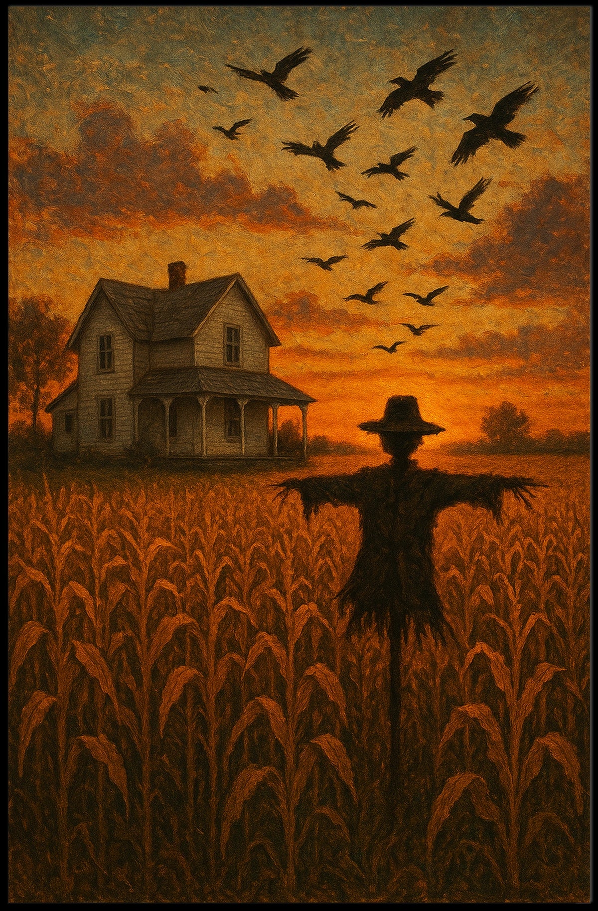 Rural Farmhouse Sunset Impressionistic Cozy Autumn Poster