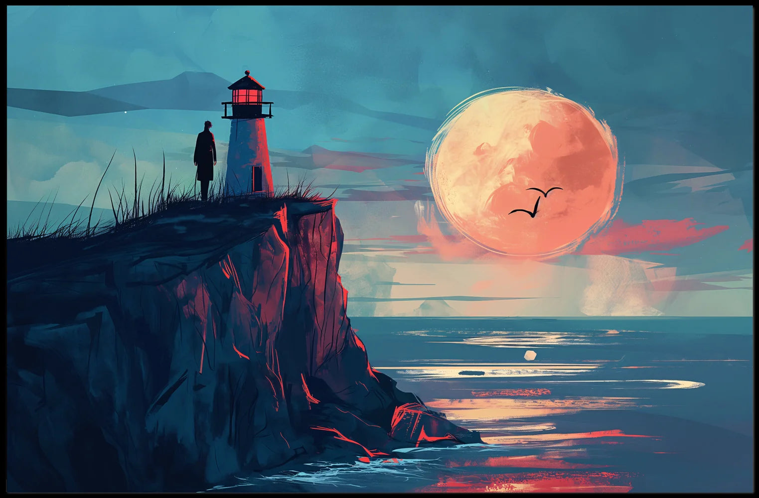 Lighthouse Moonlit Serenity: Coastal Exploration Art Print