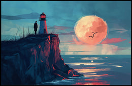 Lighthouse Moonlit Serenity: Coastal Exploration Art Print