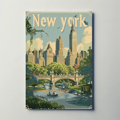 New York Central Park Bridge Skyline Vintage Travel Poster