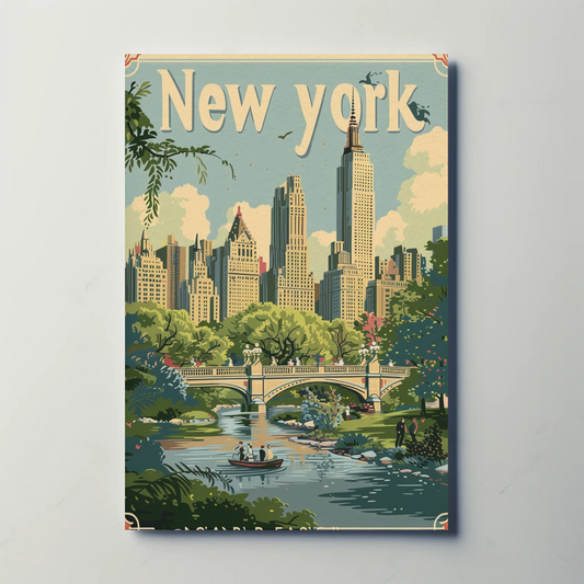 New York Central Park Bridge Skyline Vintage Travel Poster