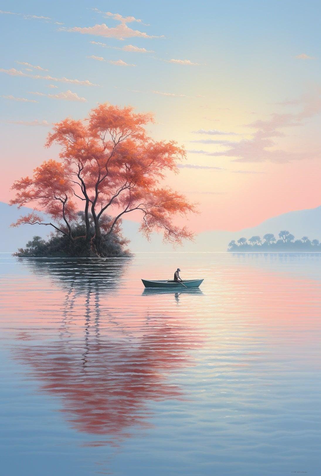 Serene Lake Rowing Scene: Abstract, Artistic, or Pop Culture Poster