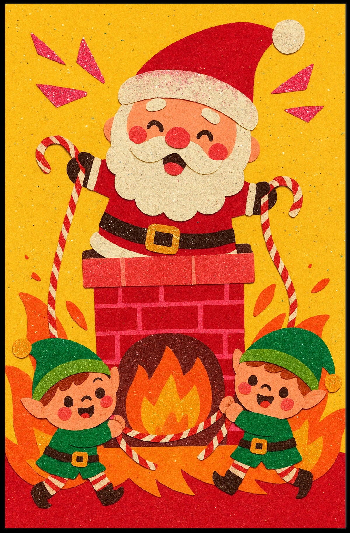 This whimsical poster depicts a festive Christmas scene with Santa Claus and two Travel Poster