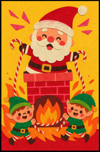 This whimsical poster depicts a festive Christmas scene with Santa Claus and two Travel Poster