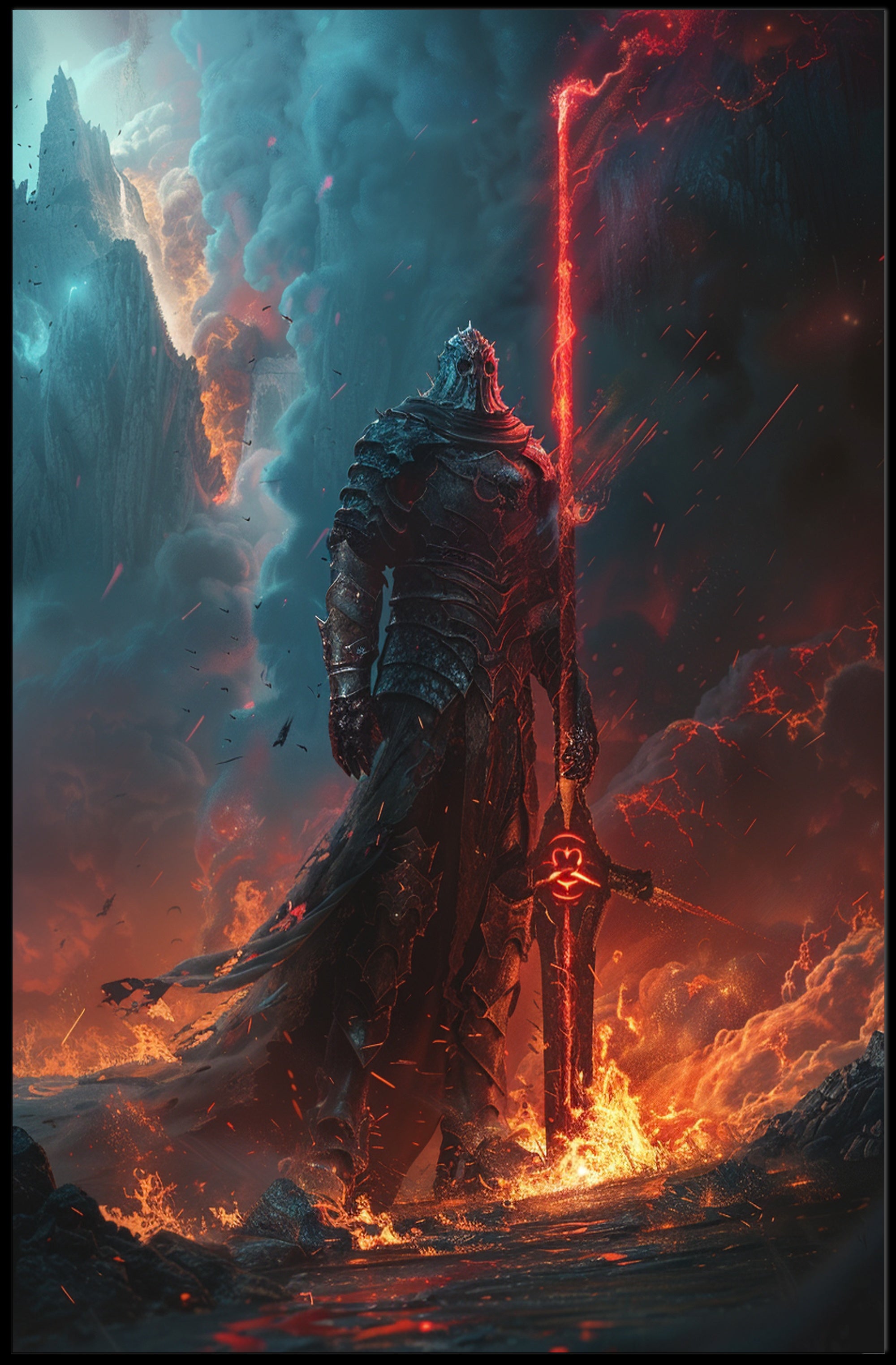 Epic Warrior With Fiery Sword Fantasy or Mythology Poster