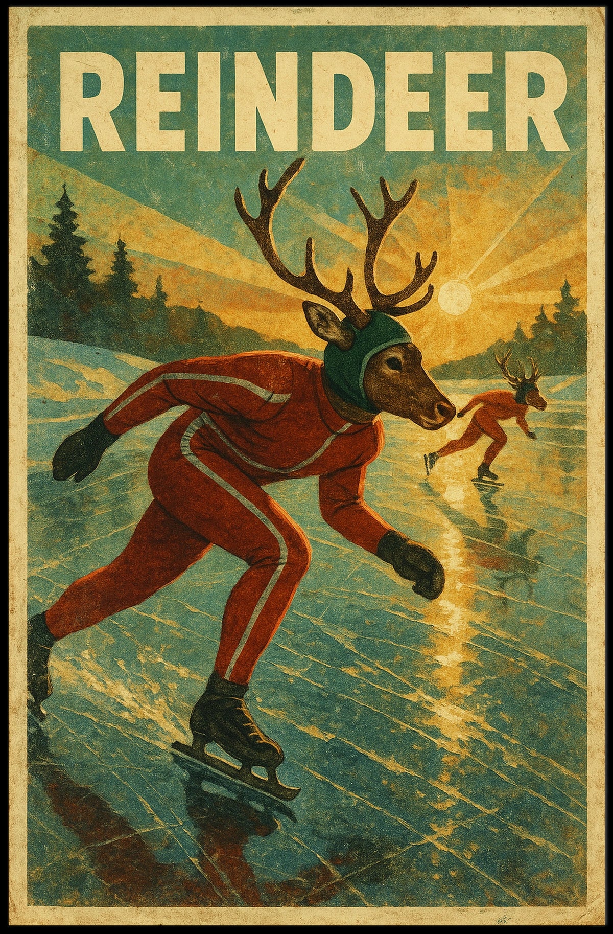 Surreal Reindeer Ice Skating Fantasy Artistic Poster