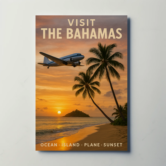 Visit The Bahamas Ocean Island Plane Sunset Travel Poster