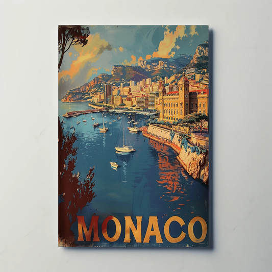 Monaco Mediterranean Coast Harbor Scene Retro Travel Poster