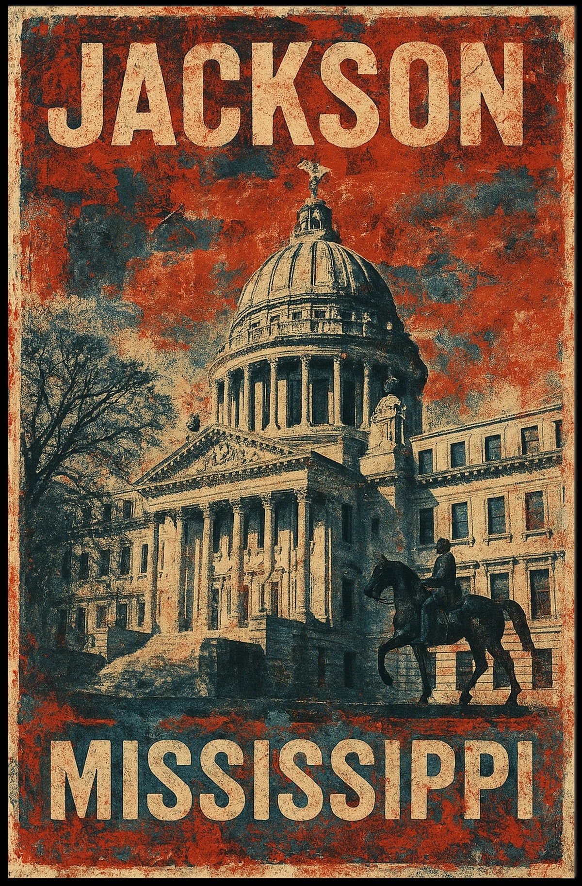 Jackson Mississippi Vintage Patriotic Architecture Capitol Building Heritage Horse Statue Eighties Typography Poster