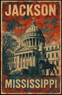 Jackson Mississippi Vintage Patriotic Architecture Capitol Building Heritage Horse Statue Eighties Typography Poster