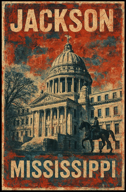 Jackson Mississippi Vintage Patriotic Architecture Capitol Building Heritage Horse Statue Eighties Typography Poster