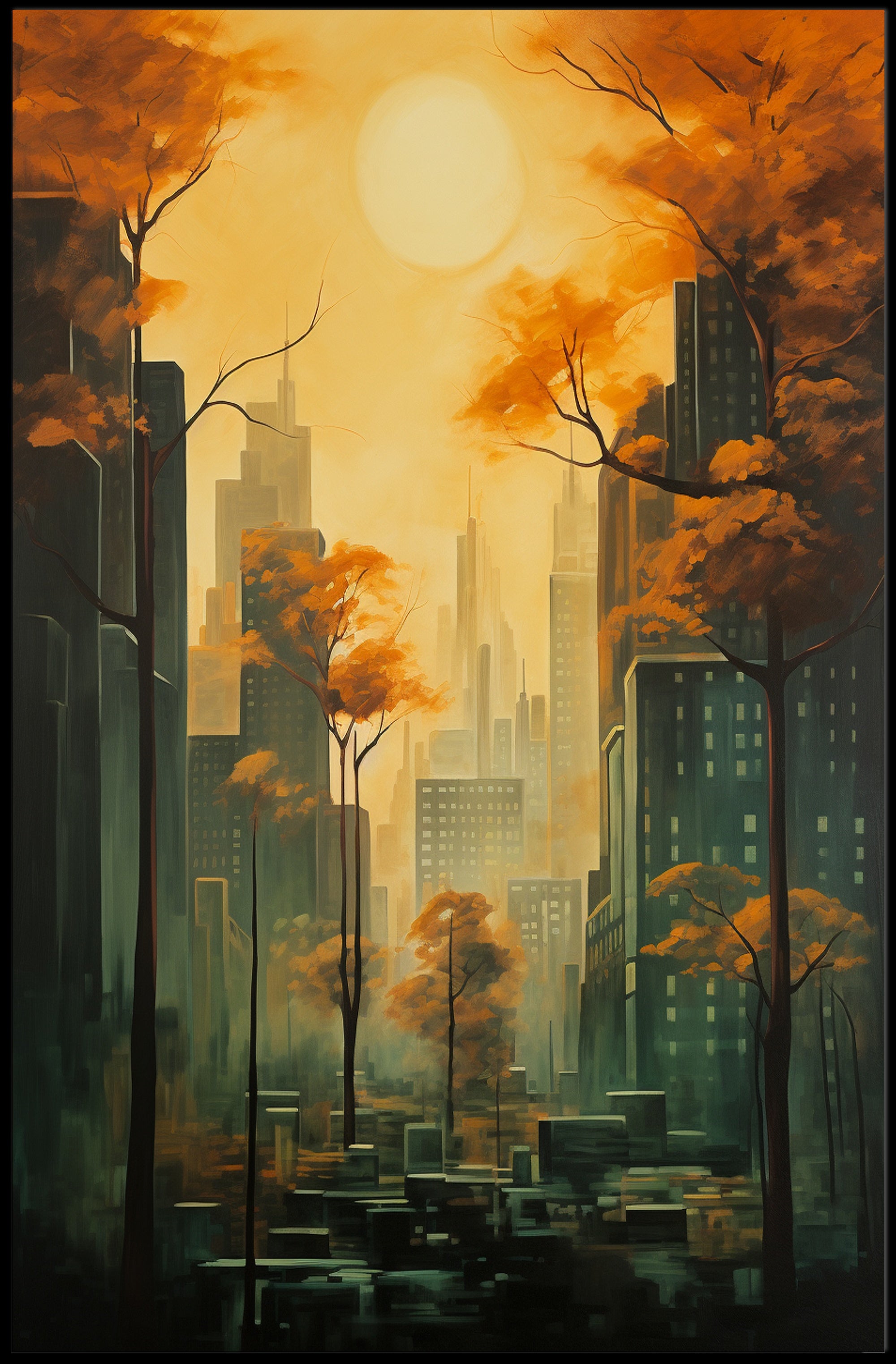 Urban Autumn Cityscape with Skyscrapers and Nature Poster