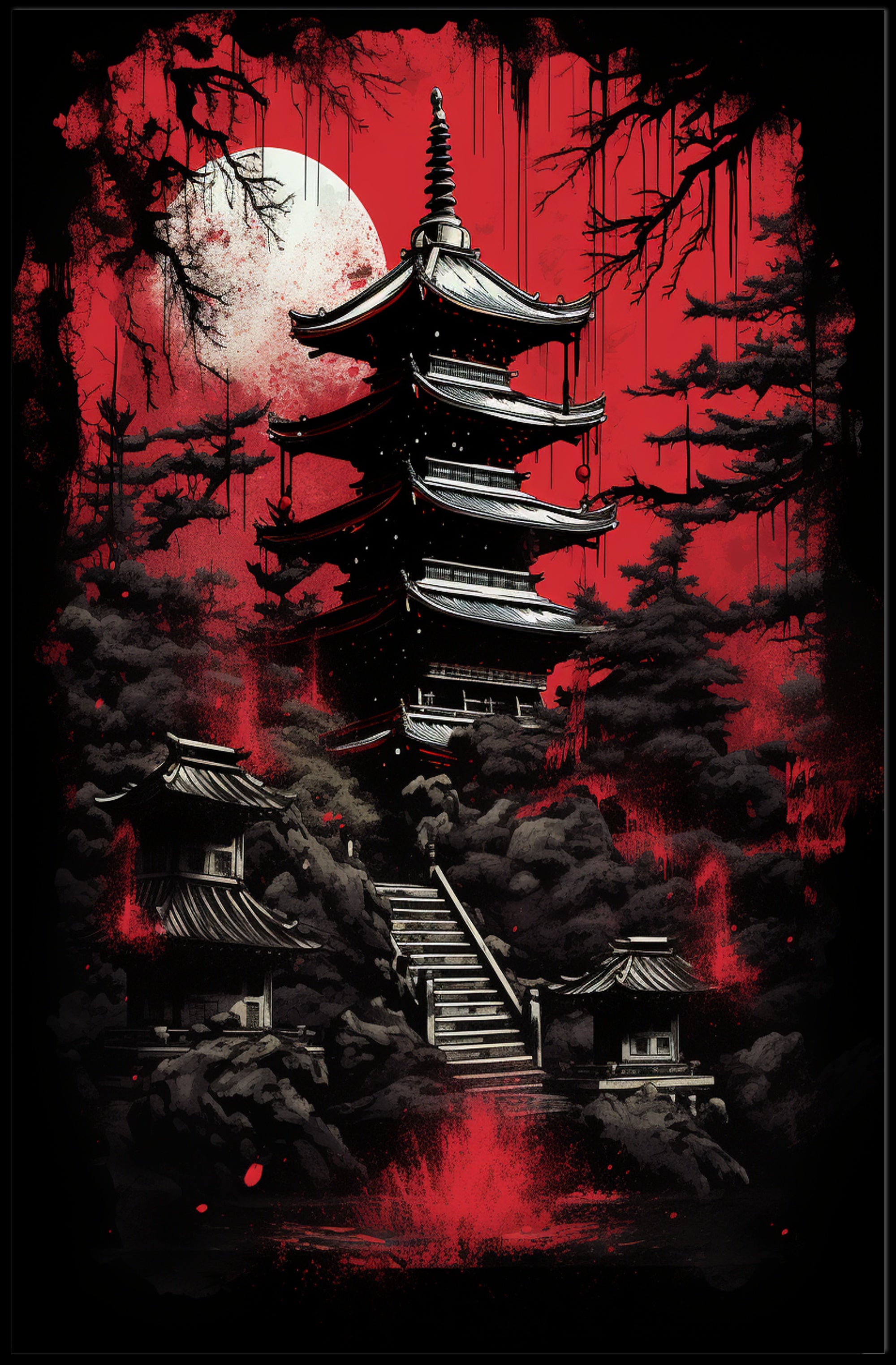 Mystical Pagoda Under A Blood Moon Poster