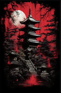 Mystical Pagoda Under A Blood Moon Poster