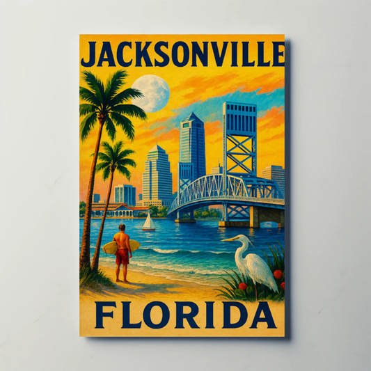 Jacksonville Florida Surfer Bridge Skyline Sunset Travel Poster
