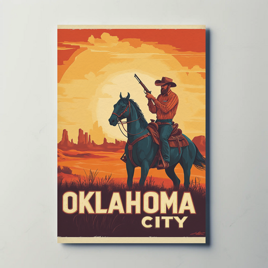 Oklahoma City Vintage Poster - Cowboy Sunset