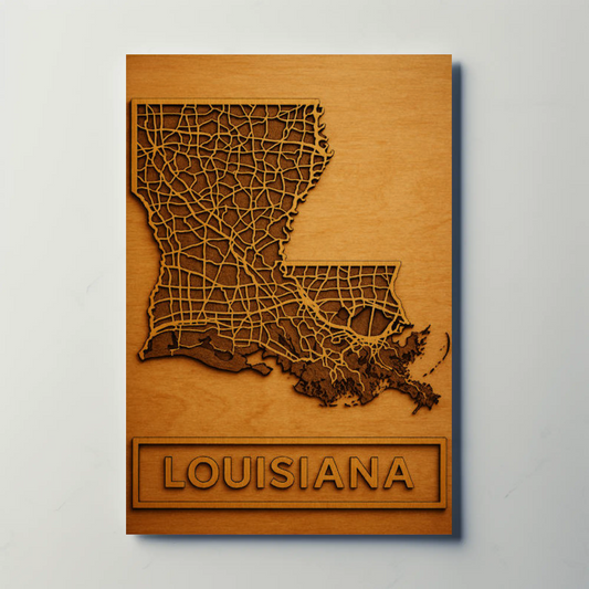Louisiana Road Map Wood Engraved State Art Poster