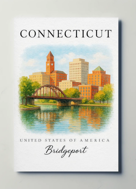 Bridgeport Connecticut Watercolor River Skyline Travel Poster