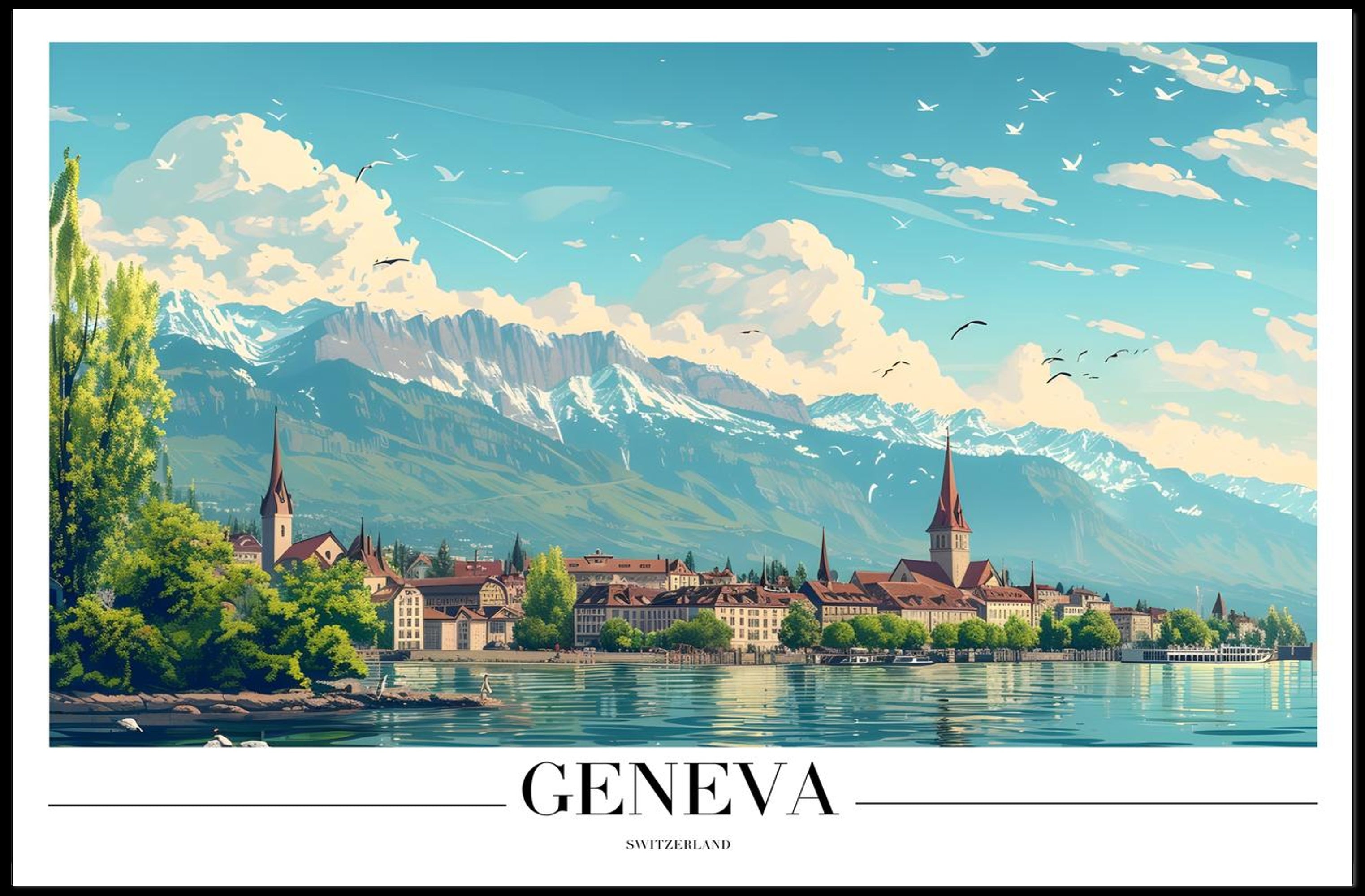 Geneva Scenic Cityscape with Vintage Travel Poster Aesthetics