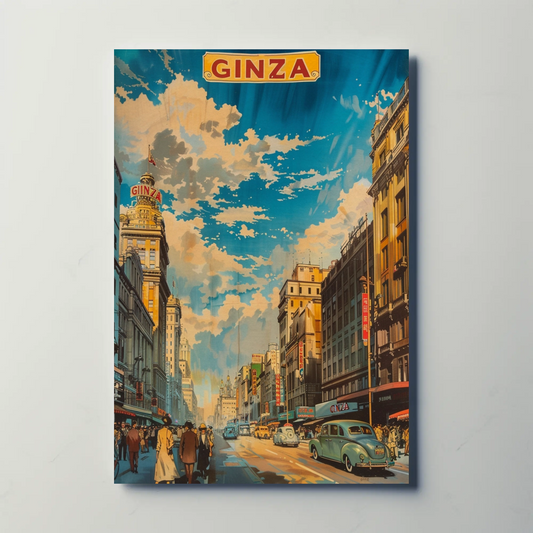 Ginza Tokyo Vintage Crowd Skyline Travel Poster