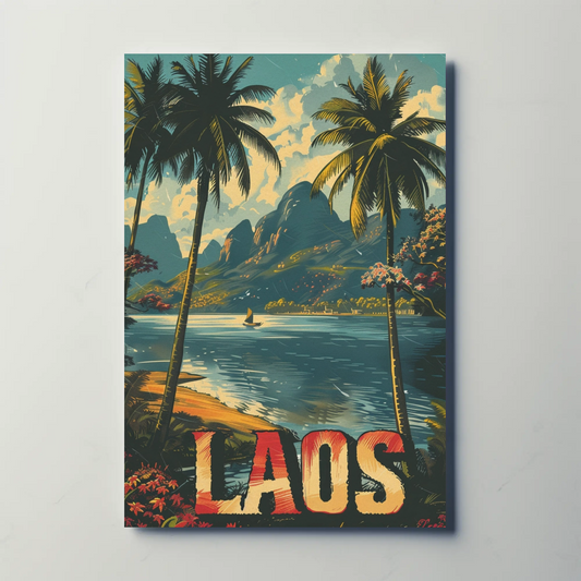 Laos Palm Trees River Mountain Jungle View Travel Poster