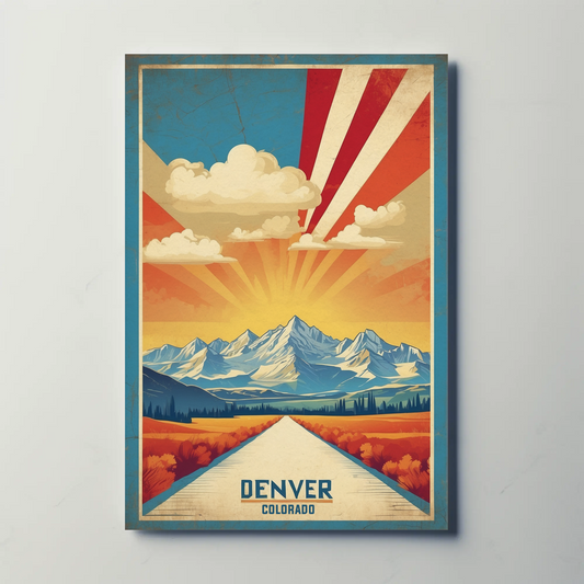 Denver Colorado Mountain Sunrise Vintage Travel Poster